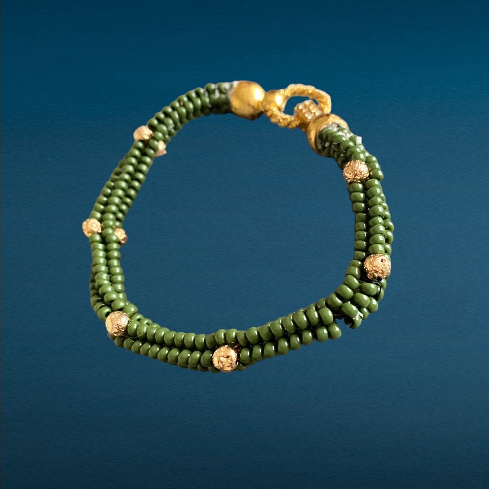 Herringbone Sewn Olive Green & Gold Bracelet with Gold Magnetic Clasp